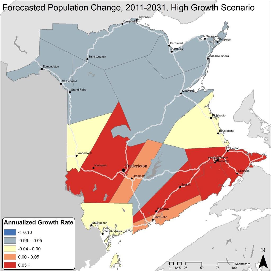 Map 3: High growth scenario by county, 2011 2031. Map 4 shows the forecasted population change across New Brunswick under a low-growth scenario.