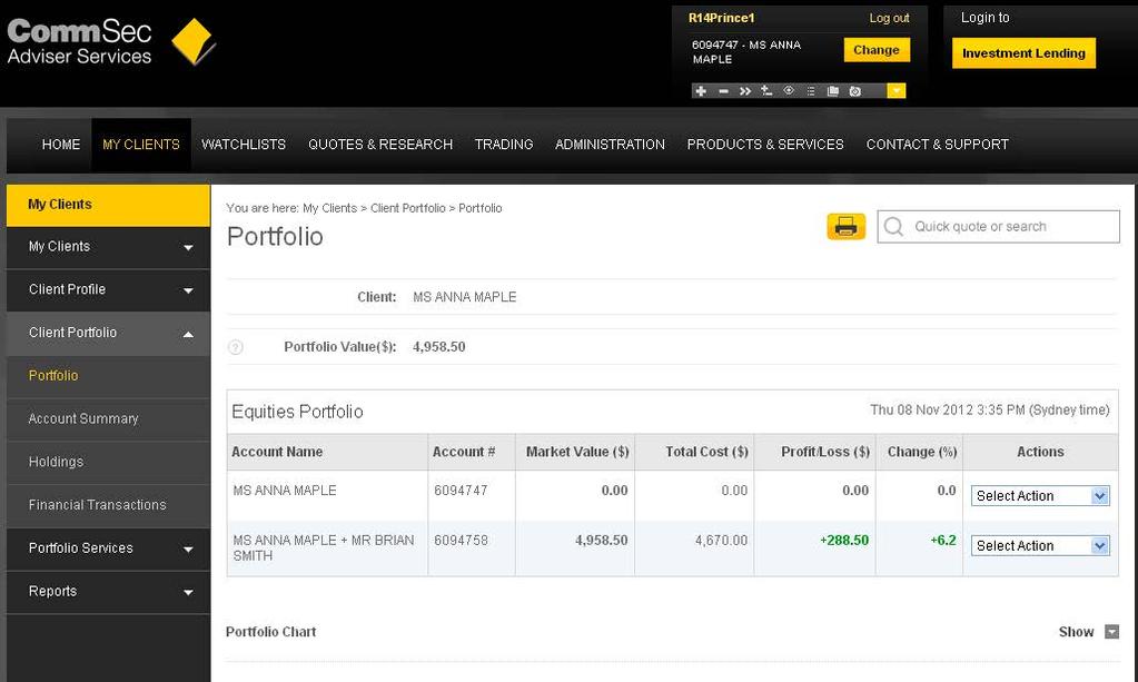 10. Smart Portfolio The Portfolio section allows you to see a range of portfolio information for a particular client: Portfolio Account Summary Holdings Confirmations Financial Transactions Options