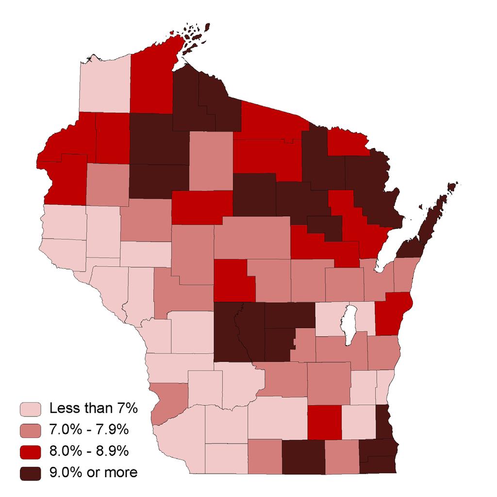6 THE STATE OF WORKING WISCONSIN UPDATE 2011 The Geography of Unemployment Unemployment is distributed unevenly across Wisconsin, as the map of July 2011 unemployment by county makes clear.