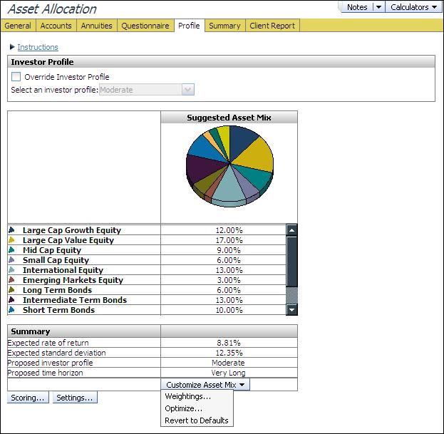 Asset allocation Figure 5: Asset Allocation section Asset Allocation category Profile page (detailed asset allocation) Clicking the Detailed Asset Allocation button on the Profile page changes the