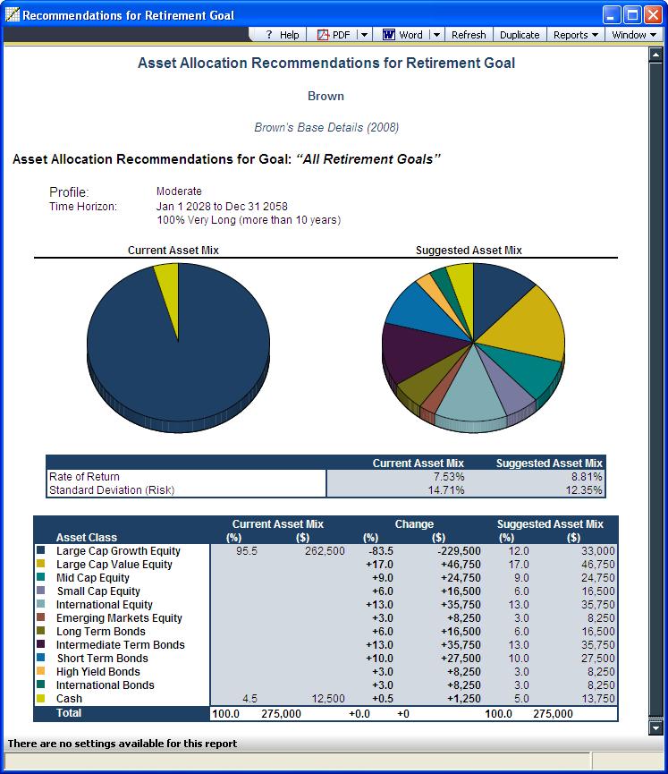 Asset allocation To generate the Asset Allocation Recommendations for Retirement Goal report 1. From the Reports menu, select Asset Allocation Recommendations for Retirement Goal.