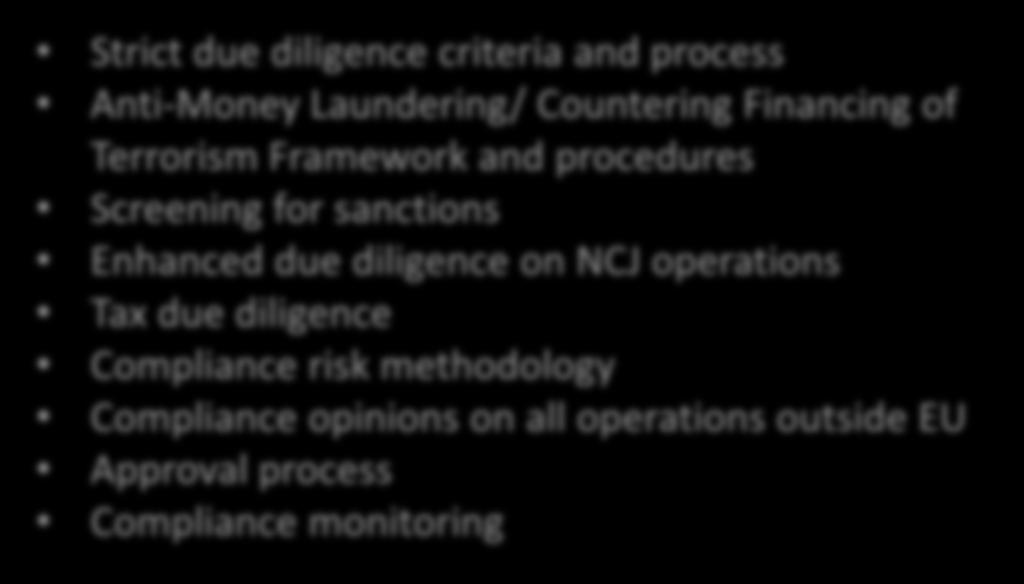 diligence on NCJ operations Tax due diligence Compliance risk methodology