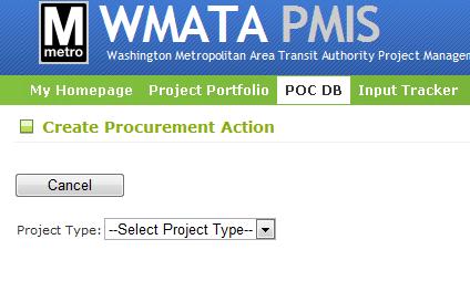 Procurement Actions Create New Procurement This option displays a form allowing for a new record to be directly created in the POC database.