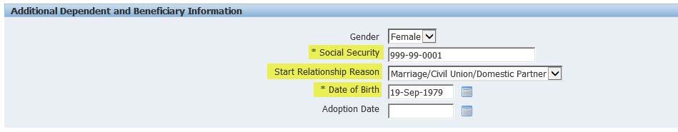 Select the applicable Relationship (spouse, civil union partner, domestic partner) from the list of values.