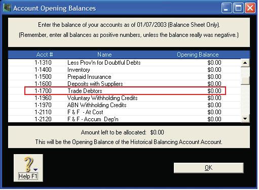 Changing the opening balance of the linked receivables account If you go to Setup, choose Balances then Account Opening Balances you will see the following window.