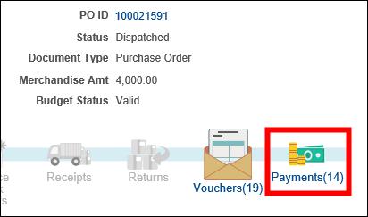 Purchase Order Document Status - Payments 1. Note the Purchase Order number at the top. 2. To view all the Payments matched to this PO, click Payments in the status/progress track.