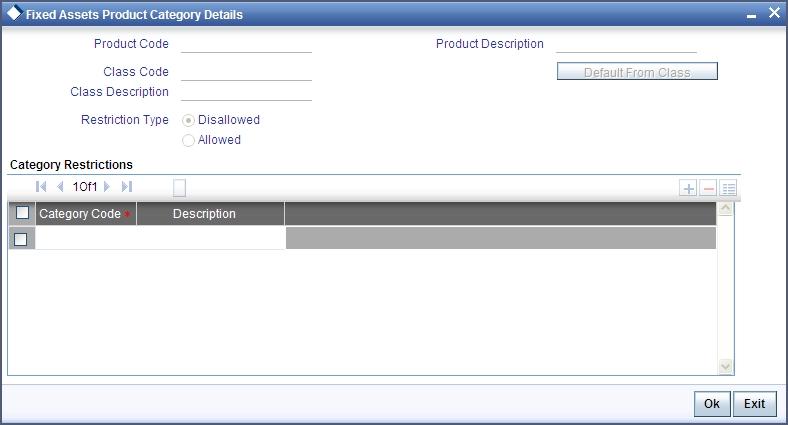 Click Category Restrictions button to display the Asset Category Restriction screen.