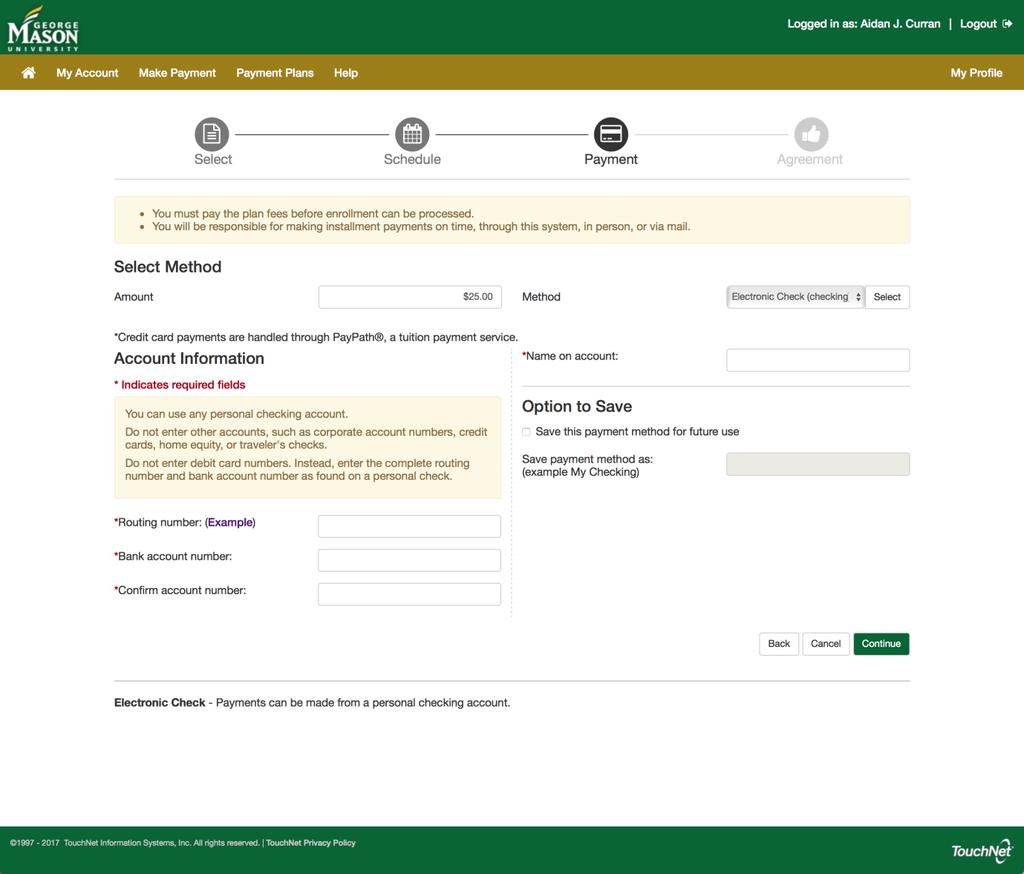 This screen shows what information you need to include when making an electronic check payment. The routing and account number are required for electronic check.