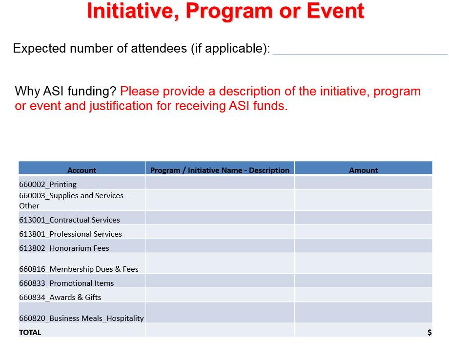 B. ASI Budget Request Power Point Cont. Complete one slide for every event in your budget request.