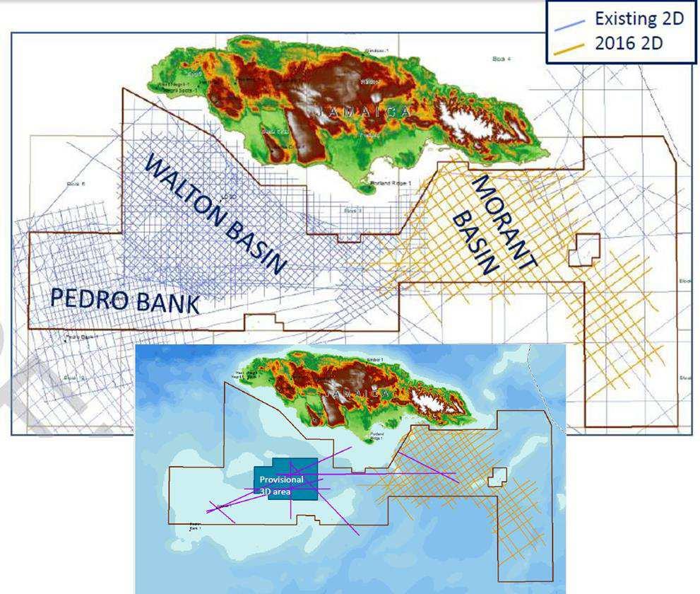 Extensive 2D seismic coverage in Jamaica and the provisional location of a 3D seismic survey Source: Tullow Oil Walton-Morant basin analysis Primary focus on the Walton Basin As the map above clearly