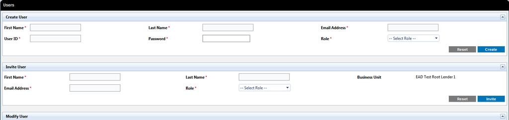 Create Users Required fields * (All); 1st row: First Name, Last Name, Email Address; 2nd row: User ID,