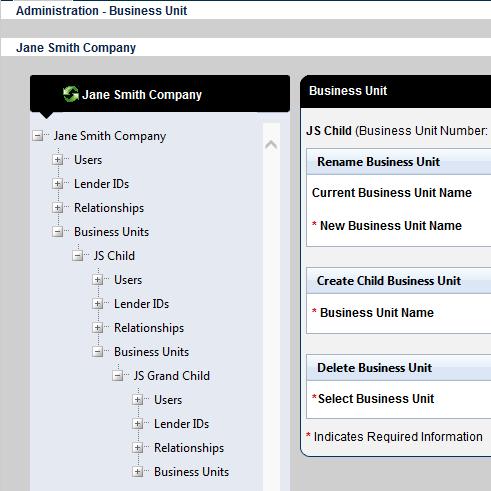 Left Navigation Bar - Business Units Users see data from their assigned business unit and downward.