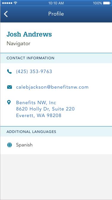 Find In-Person Help Profile Broker/navigator information will display when their name is selected Selecting the phone number will call the broker/navigator using the phones native calling feature