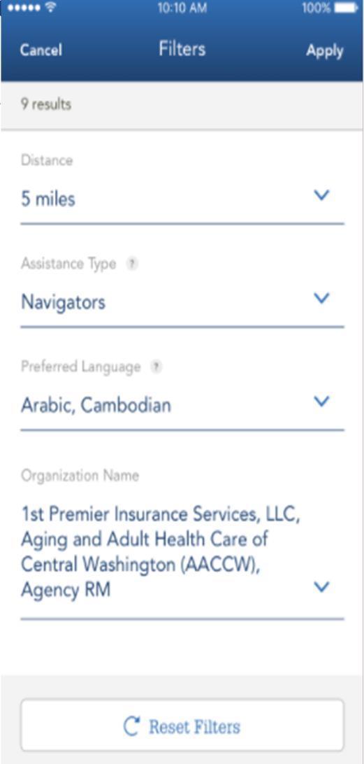 In-Person Help Search Filter Individuals can filter In-Person Help by: Distance (from their location or address input) Assistance type Brokers or Navigators or both Language