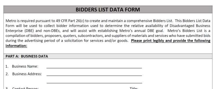 APPENDIX E BIDDERS LIST DATA FORM Completion of Bidders List Data