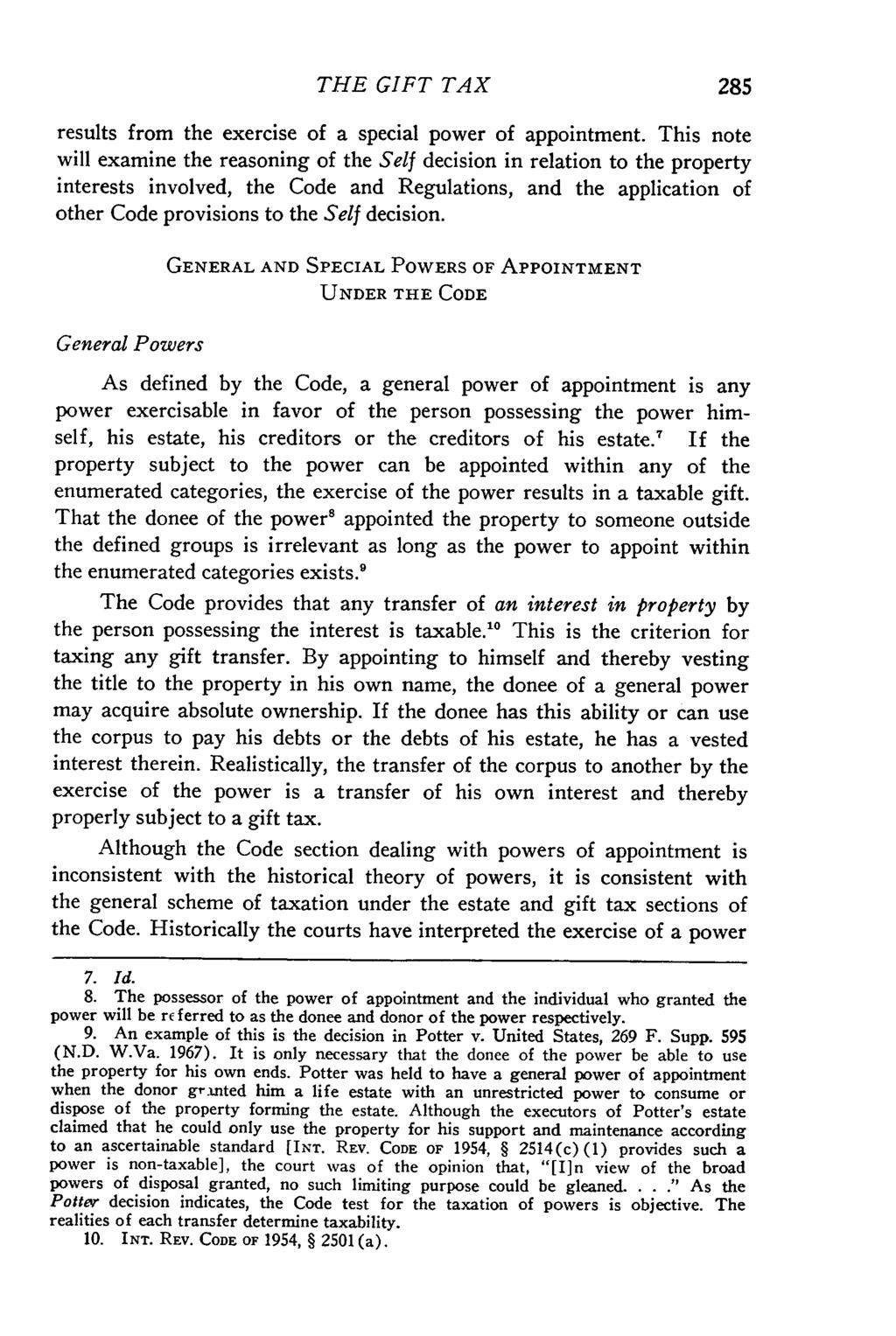 Valparaiso University Law Review, Vol. 3, No. 2 [1969], Art. 8 THE GIFT TAX results from the exercise of a special power of appointment.
