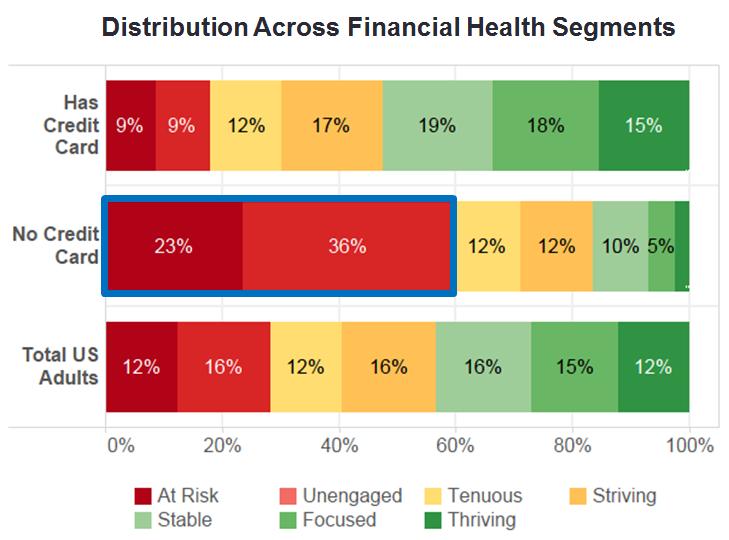 Financial Stress Nearly 60% of consumers without a card are in a financially vulnerable segment. 58% of them have never owned a credit card. Learn more about the financially struggling segments here.