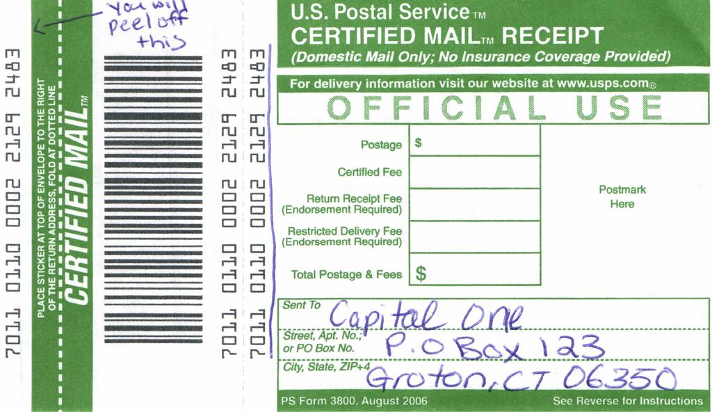 Filled Certified Mail Receipt (I have underlined the receipt number): PREPARING THE GREEN RETURN