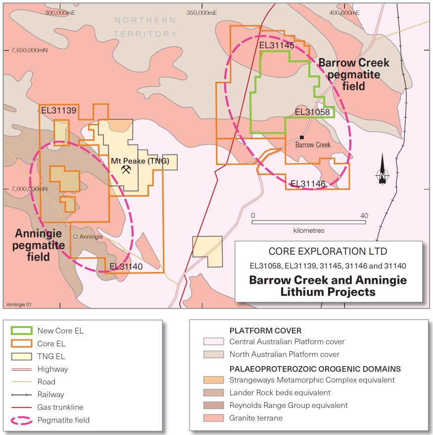 18 BARROW CREEK AND ANNINGIE PEGMATITES EXPANDS NT LITHIUM FOCUS Core has Large Granted Tenements Prospective for Lithium in Northern Arunta Pegmatite Province in NT Barrow Creek is an early-stage