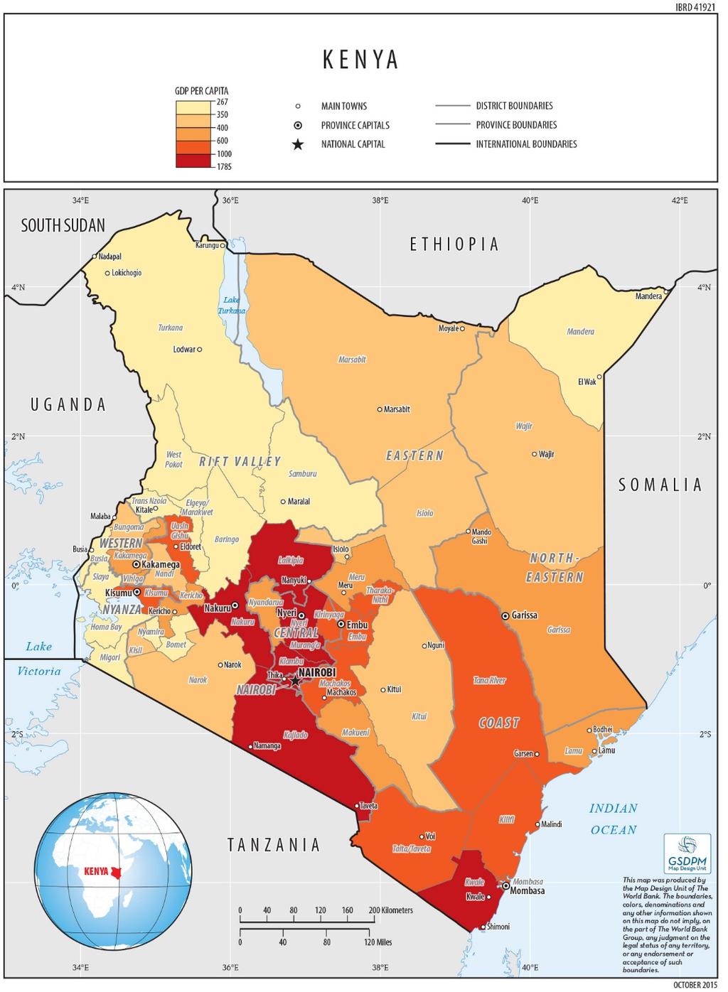 Figure 11: Estimated county GDP per capita, Kenya Source: WDI (2014) and NGDC (2014). Authors calculations. 5.2 Rwanda Table 6 and Figure 12 show the District-level GDP estimates for Rwanda.