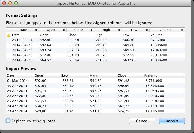 To import historical quotes from a CSV file, choose File > Import > Historical Quotes from CSV... and navigate to the CSV file and click the OK button.