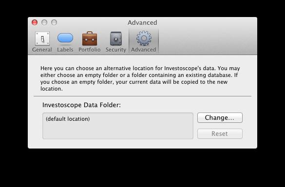 9.3. Automatic Backups 53 To change the data location, click on the Change... button and choose a folder. The chosen folder must either be empty or contain an Investoscope database.