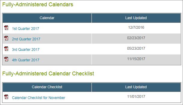 Calendar The Calendar link provides you with access to printable IRAdirect calendars.