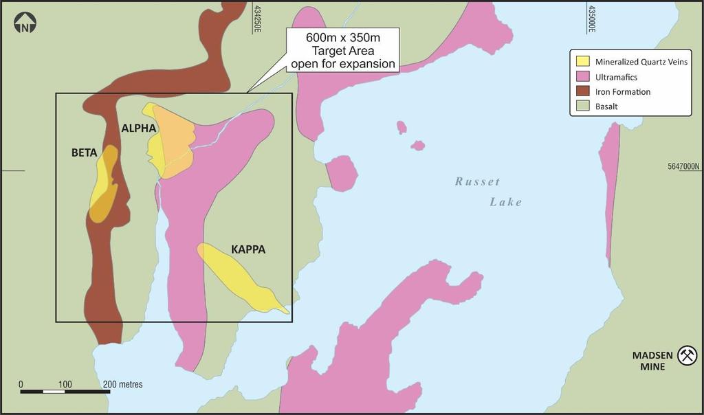 Russet South POTENTIAL FOR NEAR SURFACE RESOURCE High grade gold located ~1.5 km west of the McVeigh horizon and existing infrastructure 8.2 g/t Au over 11.0 m in PG15-028 39.1 g/t Au over 2.