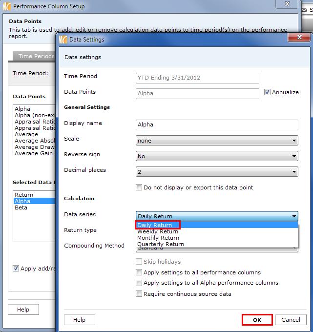 11. Double click on Alpha to open the Data Settings window. Here, you can adjust the data series for the calculation.