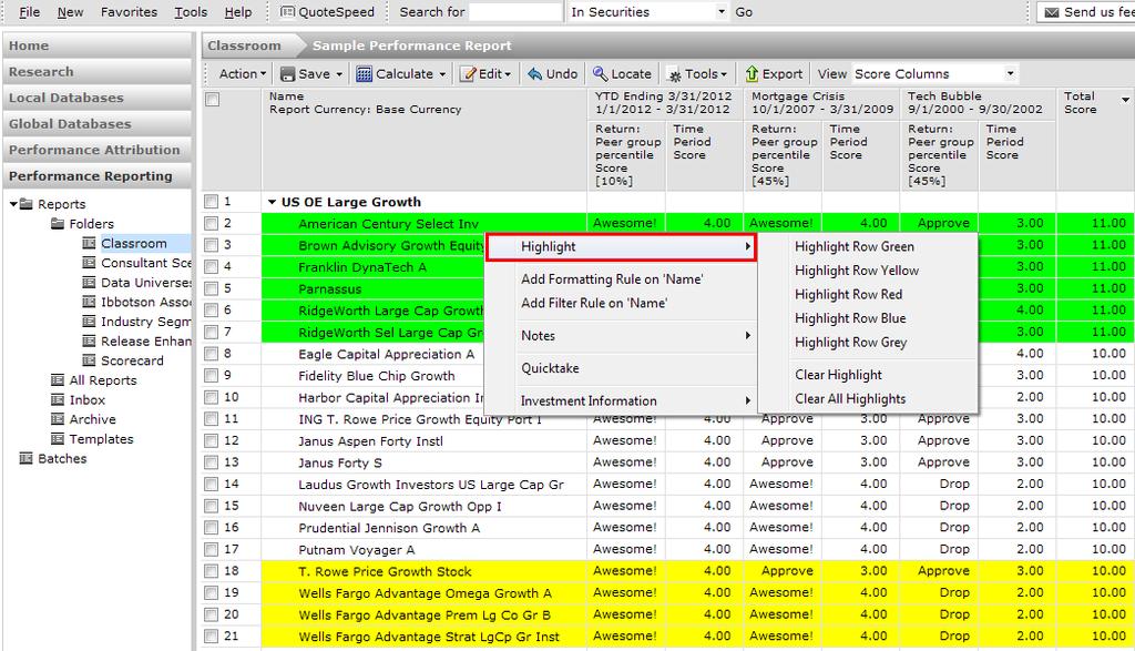 For example, based on the Total Score, select the top funds and highlight them in green.