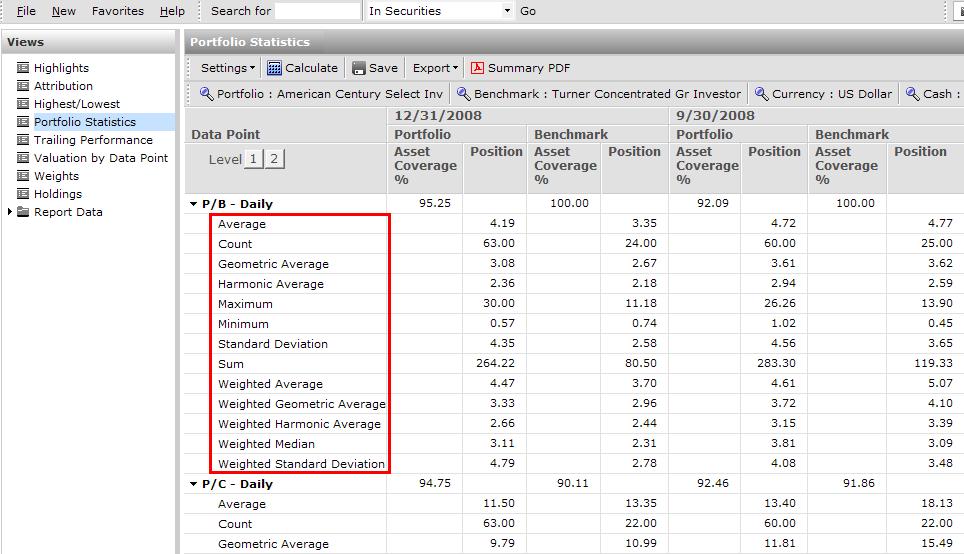 42. Go to the Portfolio Statistics tab to view the portfolio and benchmarks (bottom manager)