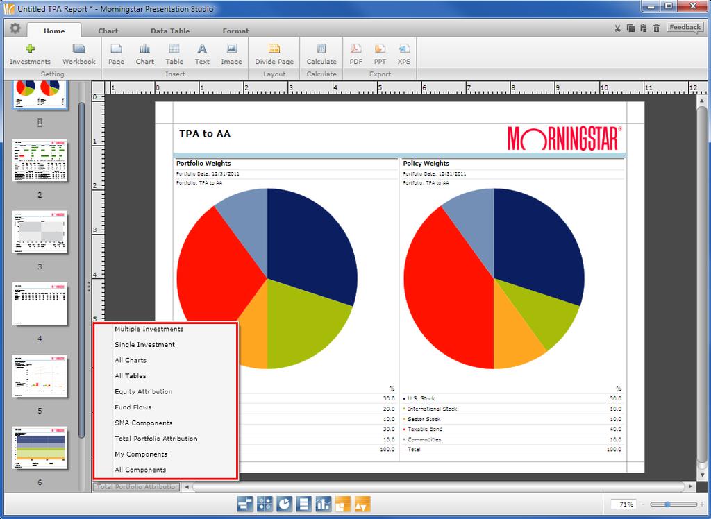 19. Your report will generate in Presentation Studio and the results on each page will pertain to the Model Portfolio.