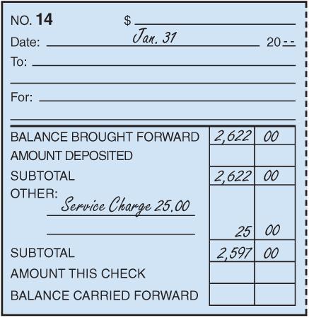 Recording a Bank Service Charge on a Check Stub Lesson 5-2 LO5 2 1 3 1. Write Service Charge on the check stub under the heading Other.