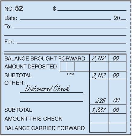 Recording a Dishonored Check on a Check Stub Lesson 5-3 LO6 2 1 3 1. Write Dishonored Check under the heading Other. 2. Write the total of the dishonored check in the amount column.