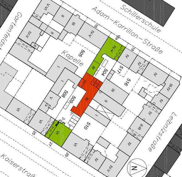 Green marked buildings: already existing and owned by Akelius Down side: Kaiserstrasse 27 (WE 7101) Top side: Adam Karillon Str.