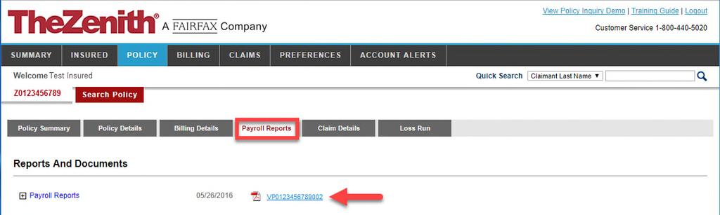 Policy Context (Cont d) Payroll Reports Tab Click the Payroll Reports tab to view payroll reports.