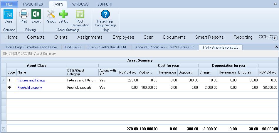 Menus Asset Summary The Asset Summary is the first screen to appear on accessing the Fixed Asset Register from its icon. It lists the client Asset Classes and their balances for the year.