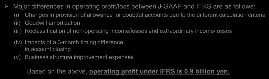 closing (v) Business structure improvement expenses Applicable only to Financial Business in Southeast Asia (i.e. Bank JTrust Indonesia, J Trust Investments Indonesia) Based on the above, operating profit under IFRS is 0.
