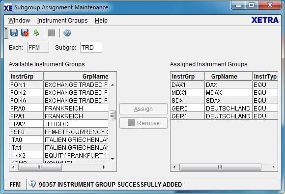Page 24 of 82 Figure 6: Subgroup Assignment Maintenance window This window enables the security administrator to assign new instrument groups to a selected user subgroup and remove assigned