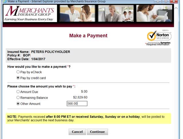 On the next page (as shown below) select Pay by credit card, and then enter the amount you wish to pay. Click Continue on the bottom of the page.