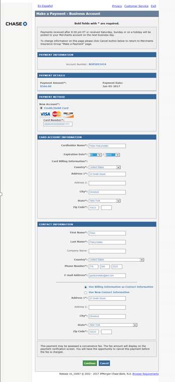 Enter the credit card and related information, and click Continue at the bottom of the page.