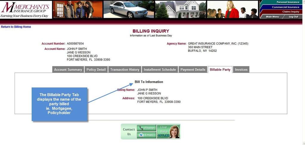 Billable Party Screen The billable party screen will display the name the