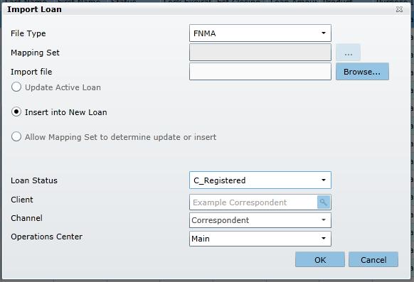 Step 1 After logging in to the system, select Import from the top-left navigation. 2 Fill in the drop down lists (starred below). Select Browse to find the Fannie Mae Flat File (.FNM file or MISMO 3.