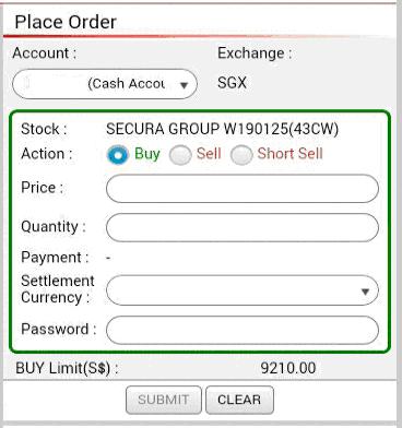 Trade View (SGX Market Only) iii. Order Ticket Click on the counter in the Price Quote and the stock details will be loaded in the order ticket.