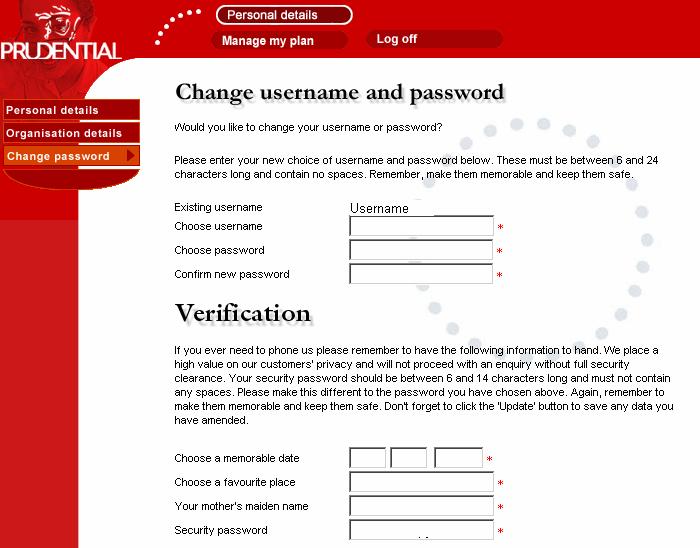 Personal details screens continued The change password screen allows you to change your Username and password as well as giving you the opportunity to update your