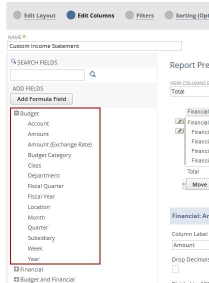 Financial Report Builder Interface 1. Click the Edit Columns link. 2. In the Report Preview pane, select an amount column. 3.