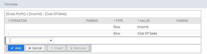 Working with Financial Statement Rows Note: If you want to use a formula row to calculate % of Expense or % of Income column values for a custom income statement, set its Marker field to Expense or