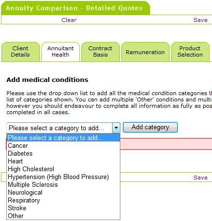 ANNUITANT HEALTH ACCORDION The Annuitant Health tab allows you to add all the medical condition categories that are applicable to your client.