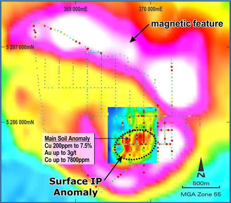 ACCELERATE RESOURCES LIMITED Independent Technical Assessment Report Tasmanian And West Australian Mineral Assets Figure 13: Thomas Creek copper-in-soils contours Overlying RTP aeromagnetic image and