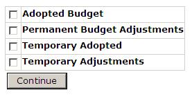 The Budget Office recommends checking Adopted Budget, Permanent Budget Adjustments and Temporary Adopted then clicking Continue.